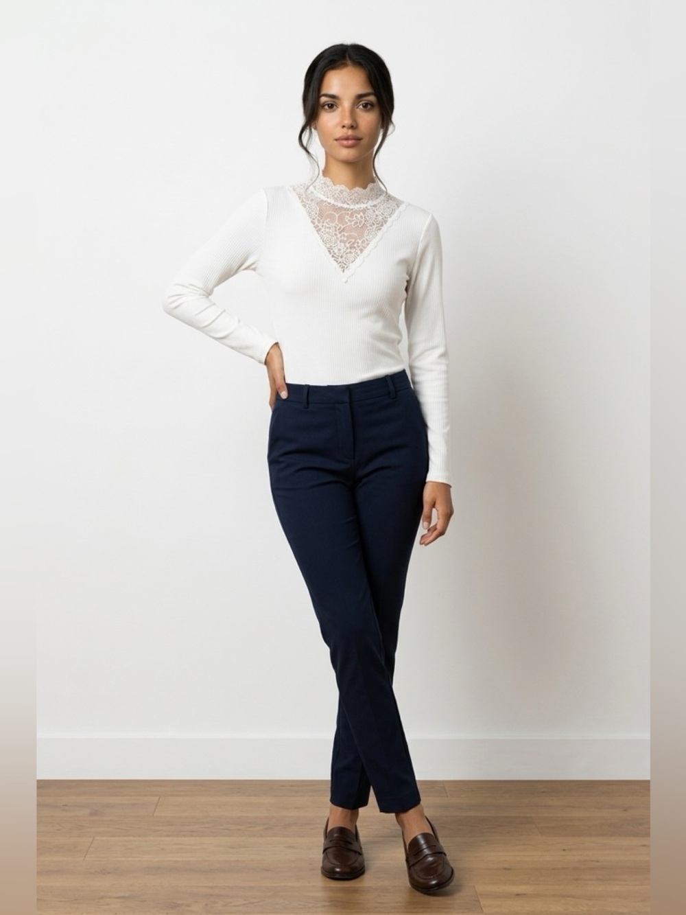 ✨Elegant Lace-Trimmed White Long Sleeve Top B.young